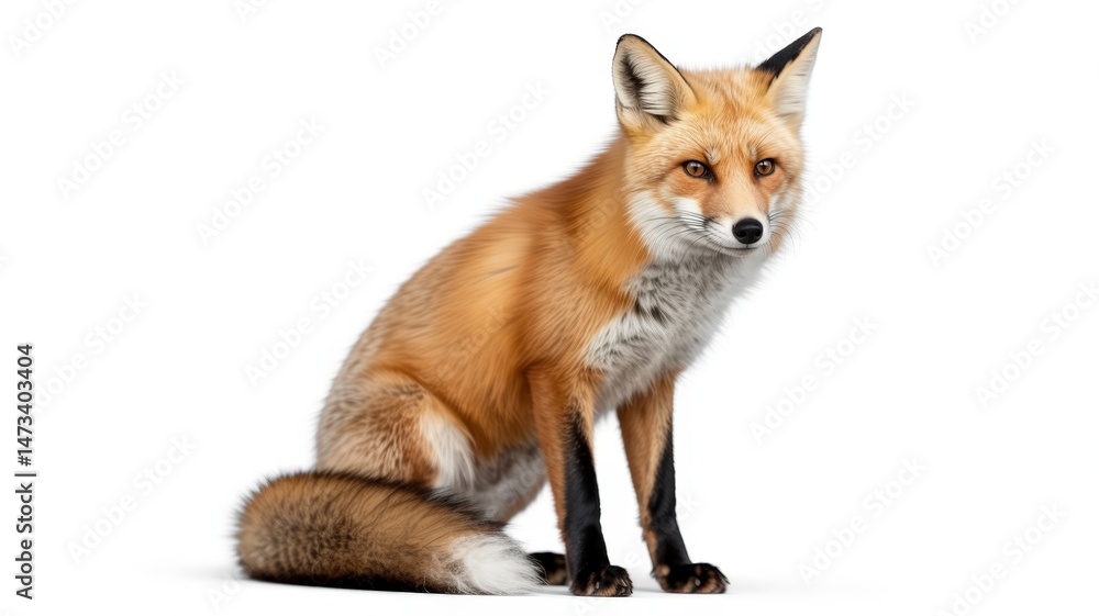 Fototapeta premium A red fox sits gracefully with a thoughtful, serene expression against a plain, white background.