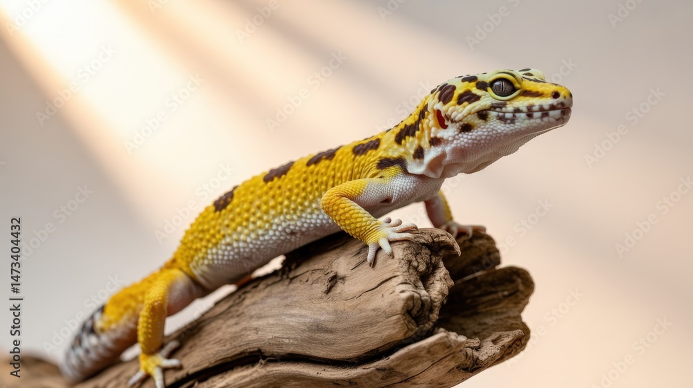 Naklejka premium A leopard gecko showcases its vibrant yellow and black spotted skin while perched on driftwood.