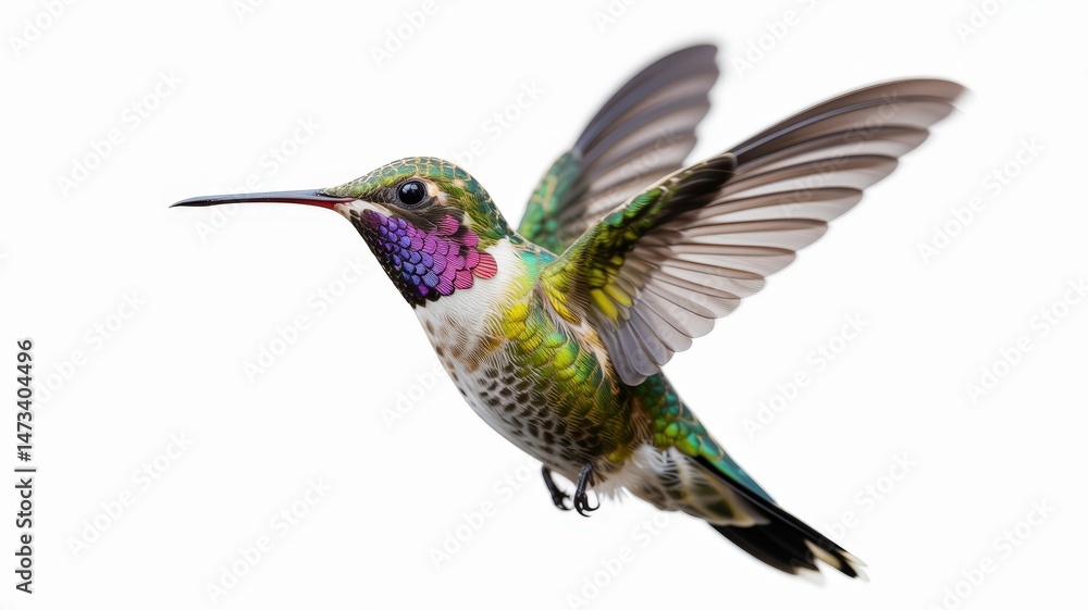 Fototapeta premium A vibrant hummingbird hovers mid-flight, exhibiting iridescent plumage against a white backdrop.
