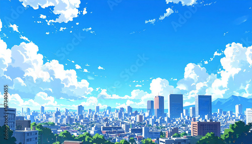 アニメ風、都会と空の風景のイラスト。Anime style city and sky landscape illustration.