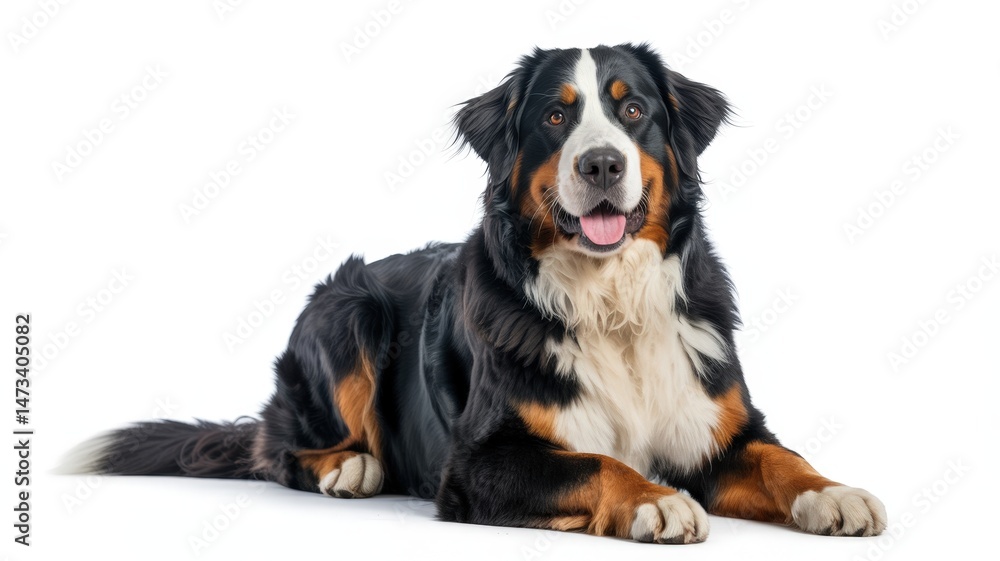 A Bernese Mountain Dog lies calmly against a white backdrop, displaying its thick, tri-colored fur. A Bernese Mountain Dog lies calmly against a white backdrop, displaying its thick, tri-colored fur.