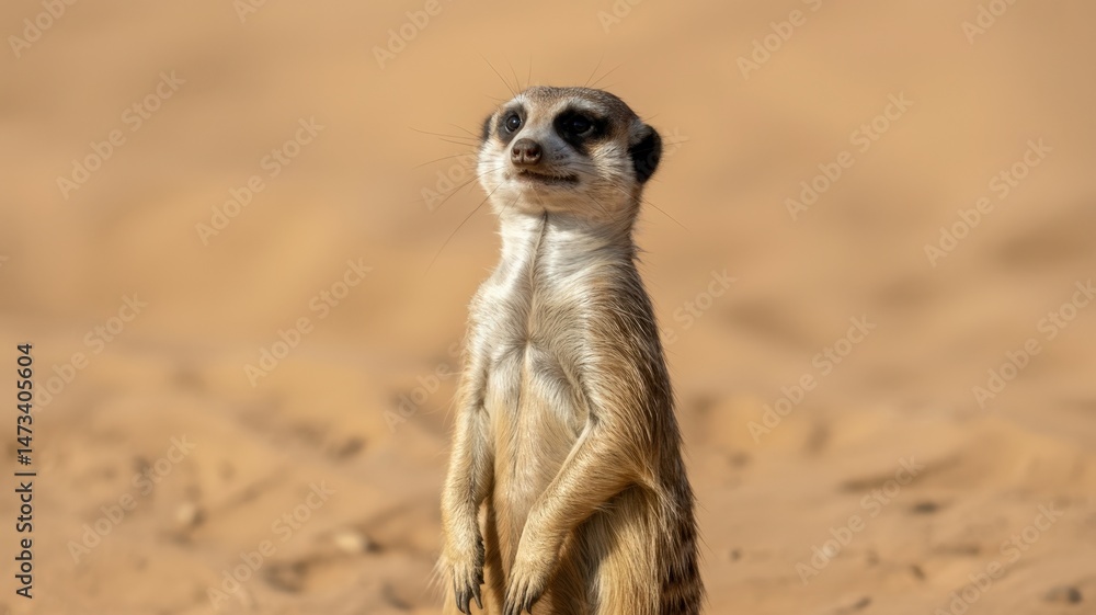 Fototapeta premium A curious meerkat stands alert on tan sand, surveying its surroundings with watchful eyes.