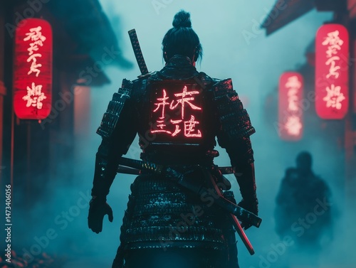 Samurai Warrior in Neon Lights: A Mystical Nighttime Street Scene with Traditional Japanese Armor, Tokyo Urban Landscape, and Red Lanterns Silhouette
