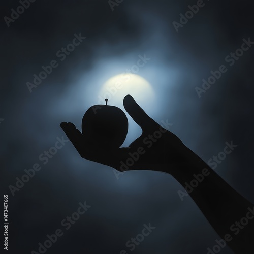 Mystical Nighttime Apple Silhouette in Moonlight: Hands Holding Fruit for Mystery and Inspiration in Nature Photography