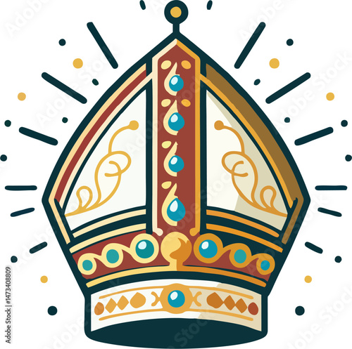 Radiant Bishop Mitre with Blue Gemstones and Gold Accents – Vector Illustration of Clerical Crown for Fantasy and Religious Themes