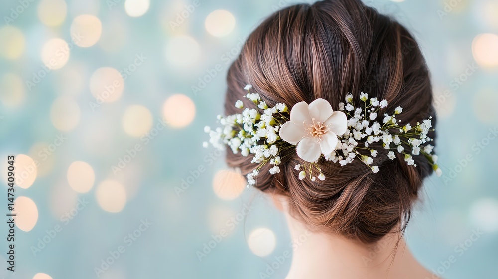 Naklejka premium Elegant Hairstyle Adorned with a Floral Hair Accessory, Soft Bokeh Background.
