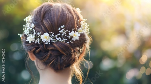 Elegant Hairstyle Adorned with a Floral Hair Accessory, Soft Bokeh Background.