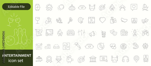Entertainment set of web icons in line style. Lifestyle and Entertainment icons for web and mobile app. Theater, cinema, video, dance, theater, game. Vector illustration