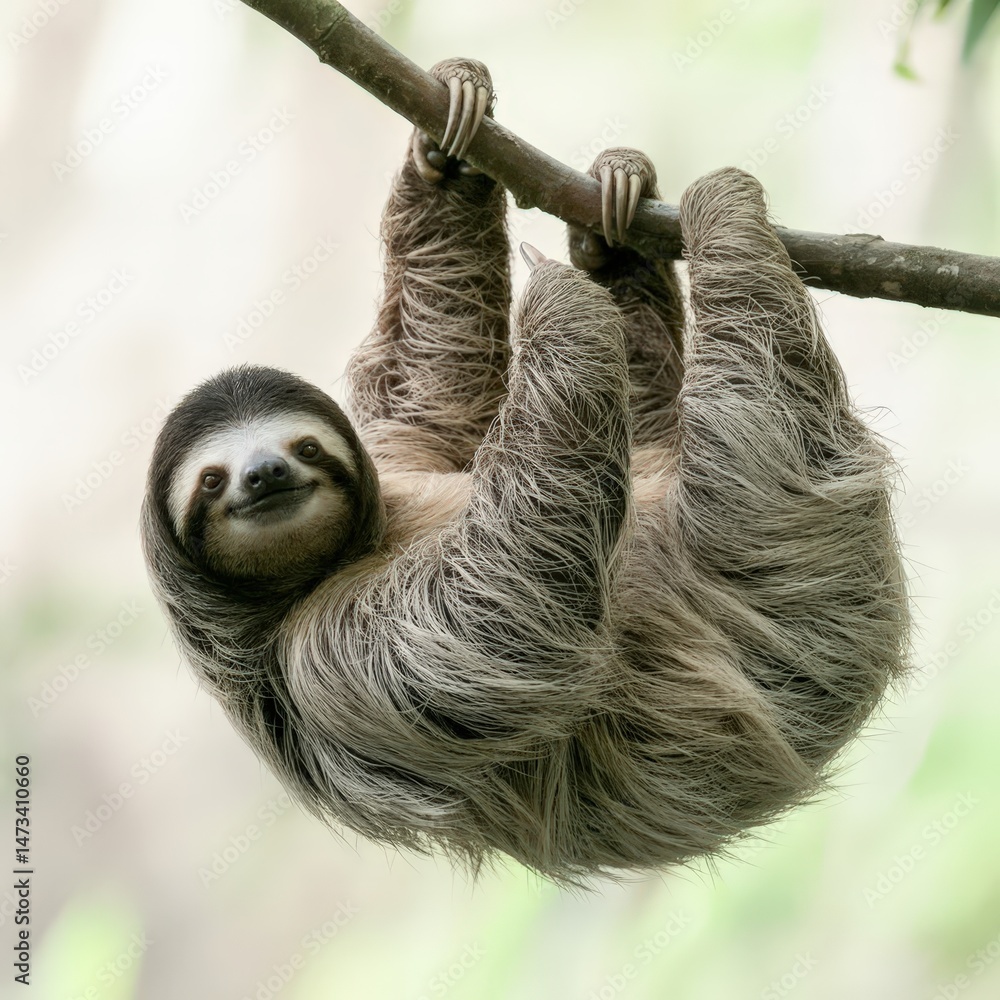 Fototapeta premium A cute sloth hangs upside down from a tree branch, it is looking towards the viewer.