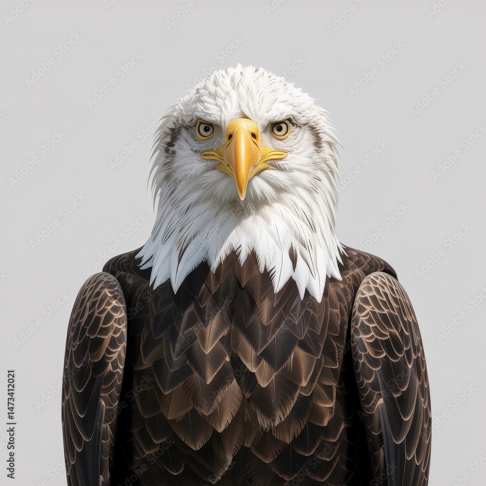 Fototapeta premium Majestic portrait captures a bald eagle staring intently, with striking plumage on a plain backdrop.