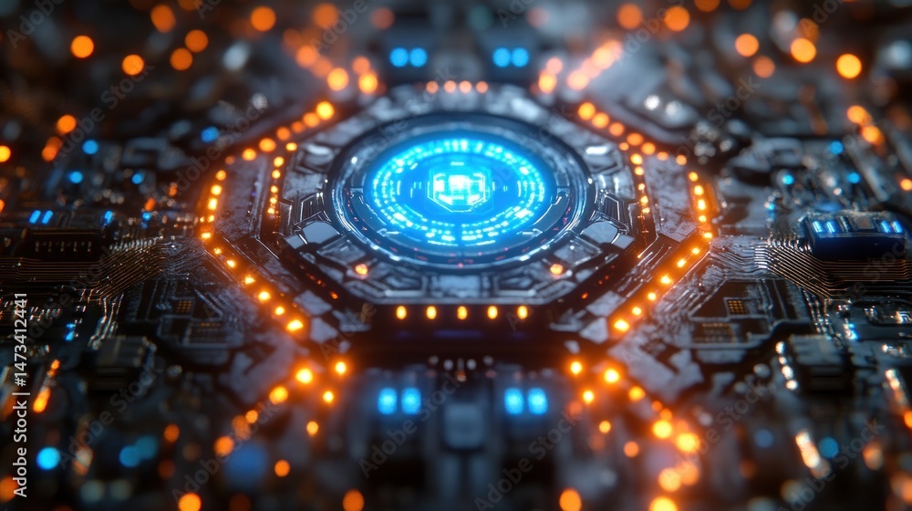 Obraz premium Futuristic Technological Core: A Glowing Cyberpunk Circuit Board