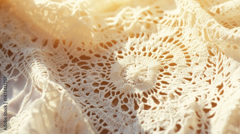 Elegant Lace Fabric with Intricate Crochet Pattern in Soft Natural Light Elegant Lace Fabric with Intricate Crochet Pattern in Soft Natural Light