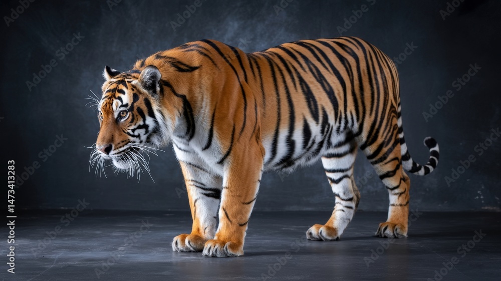 Obraz premium A majestic tiger with orange and black stripes stands powerfully against a muted, dark backdrop.