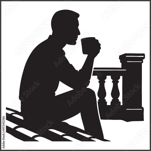 Man Sipping Coffee in Early Morning on Rooftop