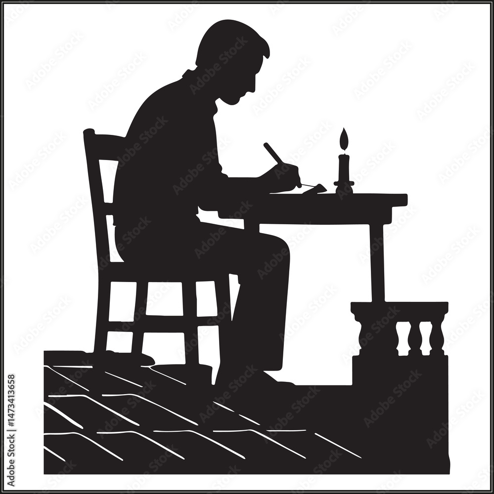 Fototapeta premium Man Writing Poetry by Candlelight on Rooftop
