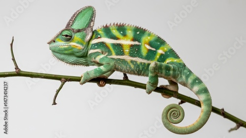 Green chameleon gracefully perched on a verdant branch, showcasing its textures and vibrant colors.