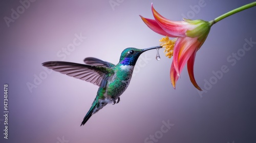 A vibrant hummingbird sips nectar from a red and yellow flower, showcasing its iridescent feathers.