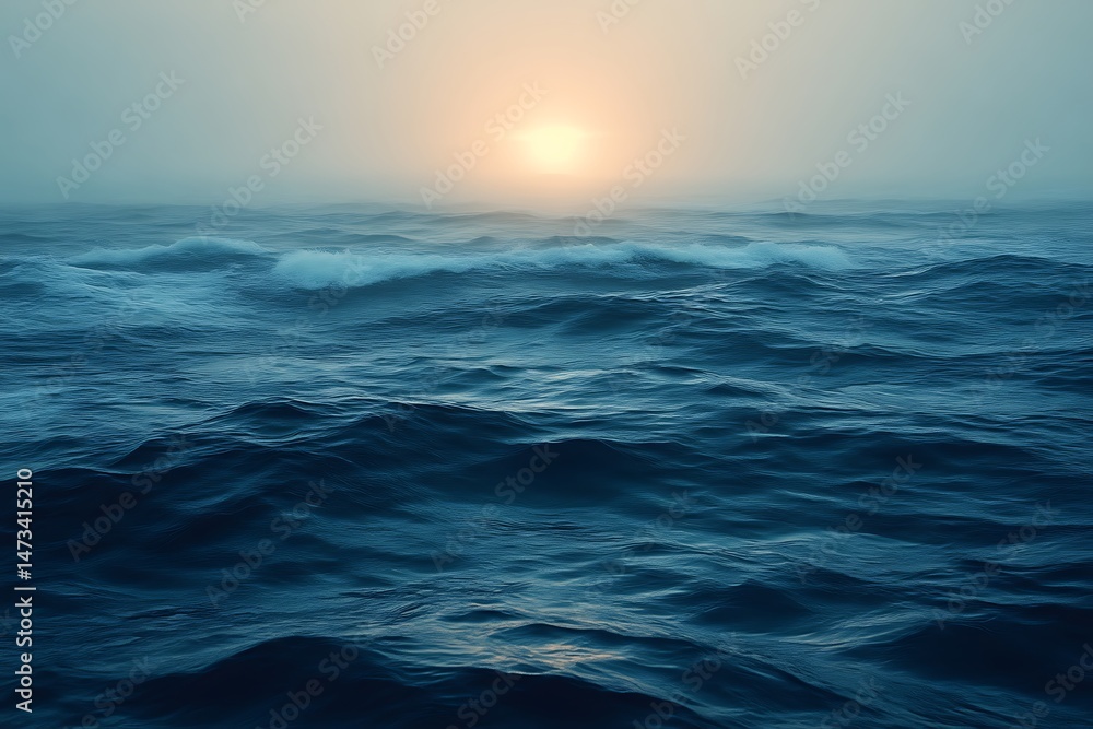 Obraz premium Misty ocean sunrise with waves.