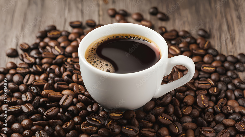 White Coffee Mug Nestled in Pile of Roasted Beans on Rustic Wooden Surface White Coffee Mug Nestled in Pile of Roasted Beans on Rustic Wooden Surface