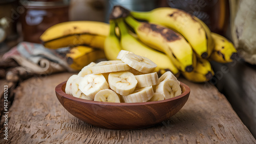 Wooden Bowl Filled with Sliced Bananas and Whole Bunch on Rustic Surface