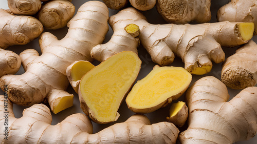 Close-up Texture of Fresh Ginger Roots Whole and Sliced