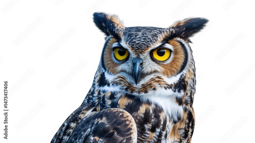 Obraz premium A striking Great Horned Owl portrait with piercing yellow eyes against a bright white background.