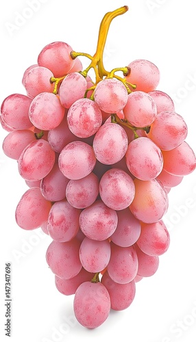 A cluster of pink grapes with a yellow stem against a white background