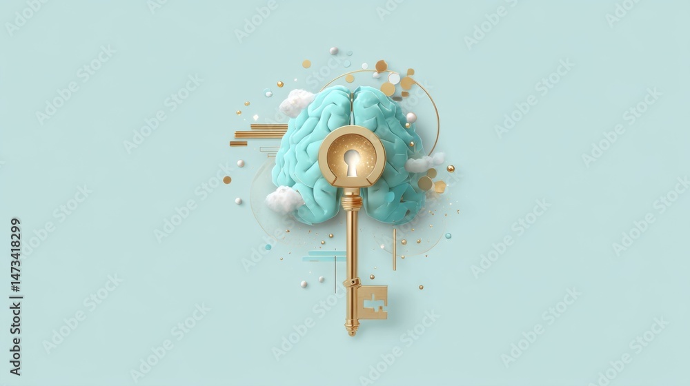 Obraz premium Abstract 3D Render of Teal Brain Key on Light Blue Background