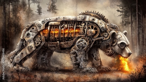 Fire-Breathing Steampunk Bear with Exposed Gears and Internal Flames.