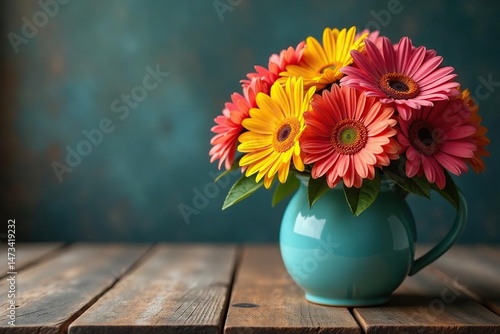 Wallpaper Mural A vibrant daisy arrangement sits on a rustic wooden desktop, bathed in soft natural light , details, office decor Torontodigital.ca