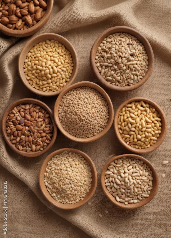 Variety of grains, legumes, nuts, and seeds in bowls on burlap sack, burlap, flax seeds, meal prep Variety of grains, legumes, nuts, and seeds in bowls on burlap sack, burlap, flax seeds, meal prep