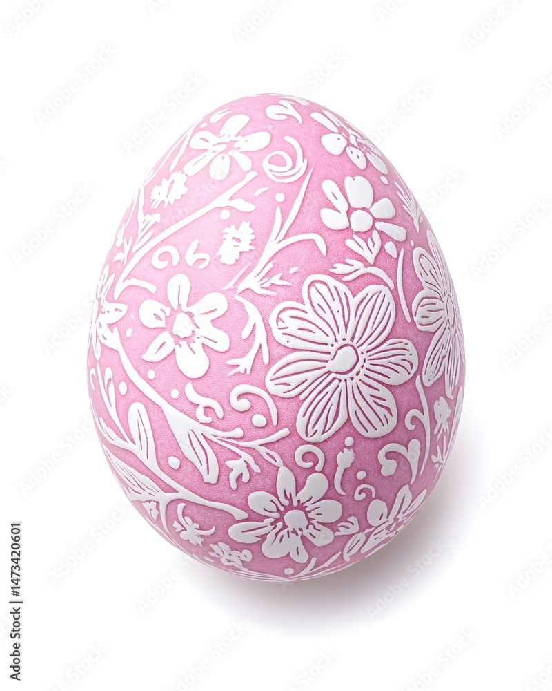 A pink egg decorated with white floral patterns A pink egg decorated with white floral patterns