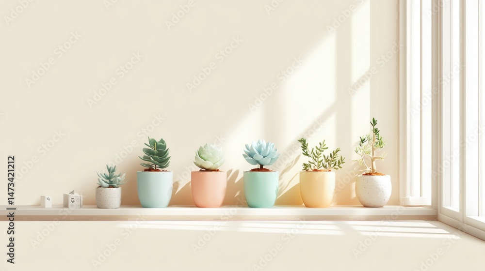 Pastel Potted Succulents on a Windowsill in Bright Sunlight Pastel Potted Succulents on a Windowsill in Bright Sunlight