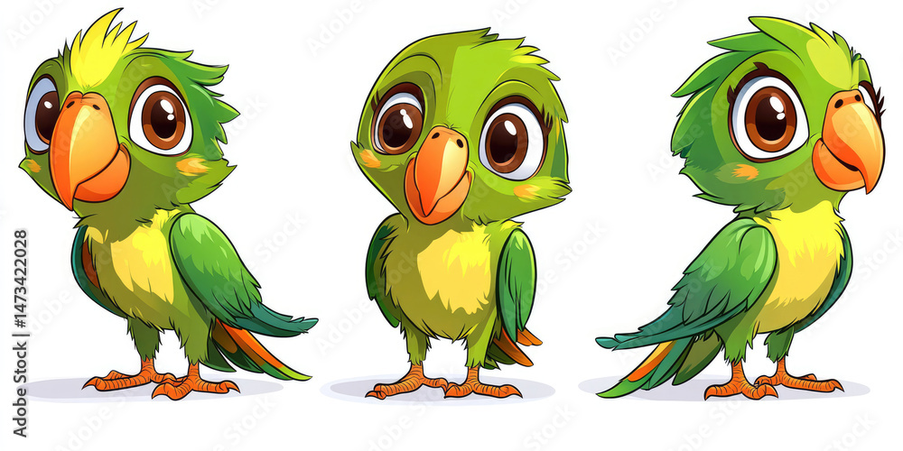 Three adorable cartoon parrots in various poses, showcasing their bright green plumage and large, expressive eyes Three adorable cartoon parrots in various poses, showcasing their bright green plumage and large, expressive eyes