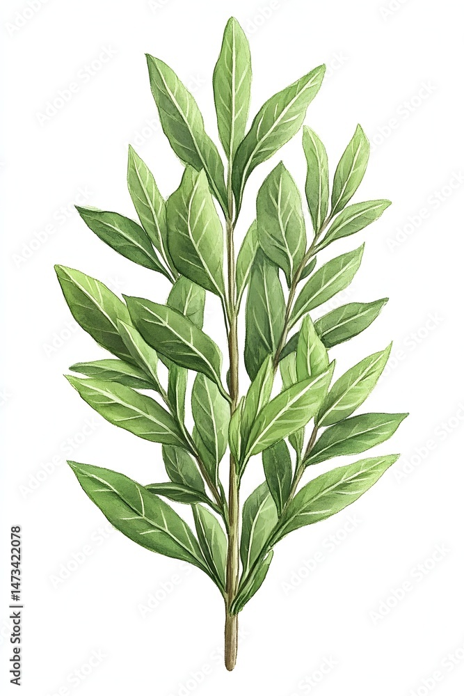 Fototapeta premium A sprig of green leaves with a long stem