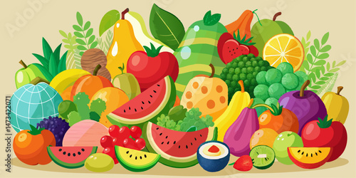 Vibrant fruit veggie bounty a global harvest celebrating healthy eating colorful illustration with