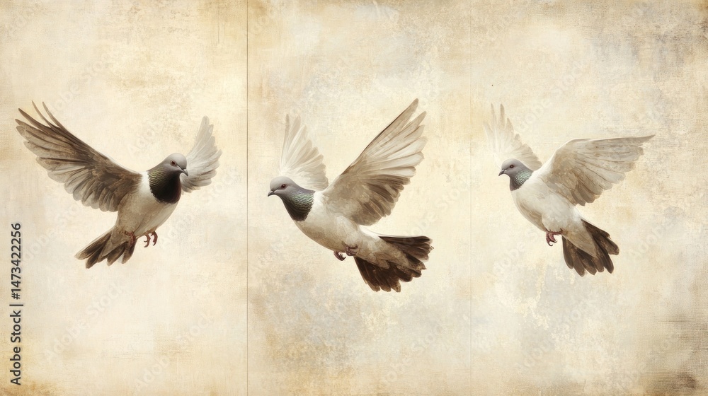 Obraz premium Three doves in flight against a vintage backdrop
