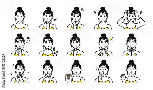 まとめ髪の若い女性の表情アイコンセット