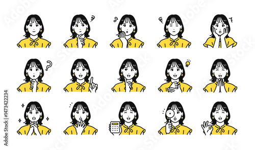 オシャレな若い女性の表情アイコンセット