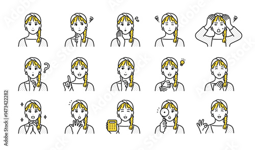 ターバンを巻いた若い女性の表情アイコンセット