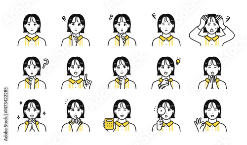 若い女性の表情アイコンセット