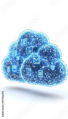 A stylized cloud with multiple data symbols embedded within it, representing cloud storage or computing