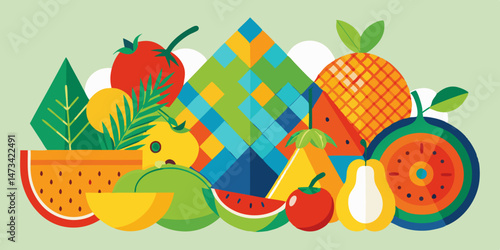 Vibrant summer fruit still life geometric design juicy watermelon pineapple and tropical leaf