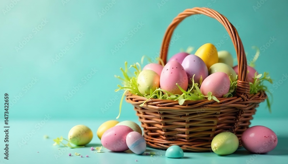 Naklejka premium Colorful assortment of Easter candy eggs in a basket, various chocolate and candy coated options , robin's egg, dessert