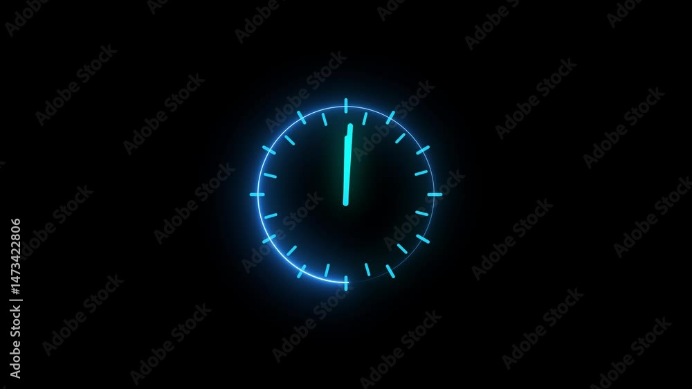 glowing neon blue color clock animation icon alarm clock stopwatch dial wall clock circle timer animated on black background. Glowing neon Clock icon , Analog glowing neon wall clock animation.