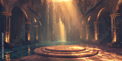 Ancient illuminated chamber with stone columns and central circular platform