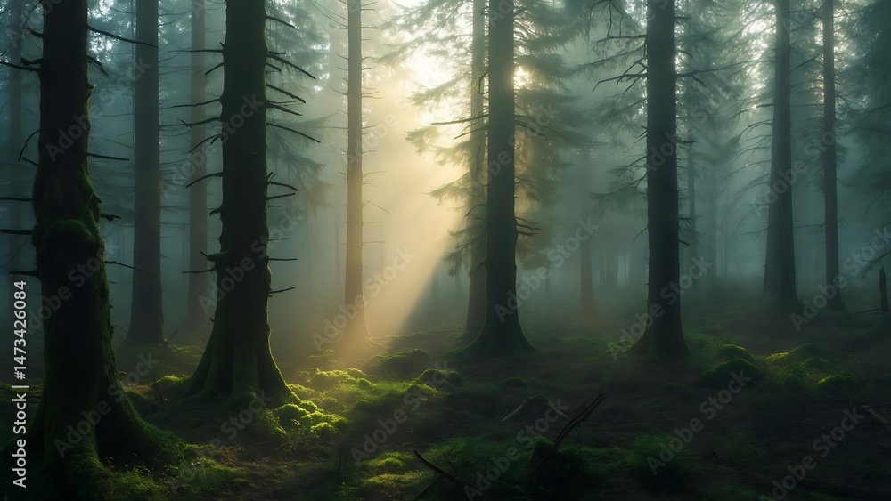 Obraz premium Misty morning light graces the dark green trees of a foggy forest, creating a tranquil woodland landscape with a subtle path