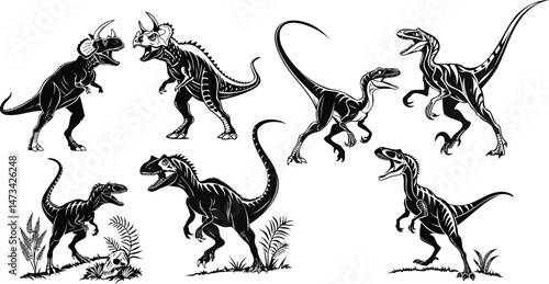Dinosaur Silhouette Vector Set – Velociraptor, Triceratops, T-Rex