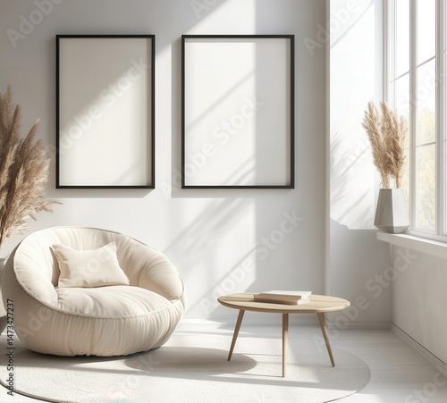 Bright Minimalist Living Room with Beige Round Chair and Sunlight