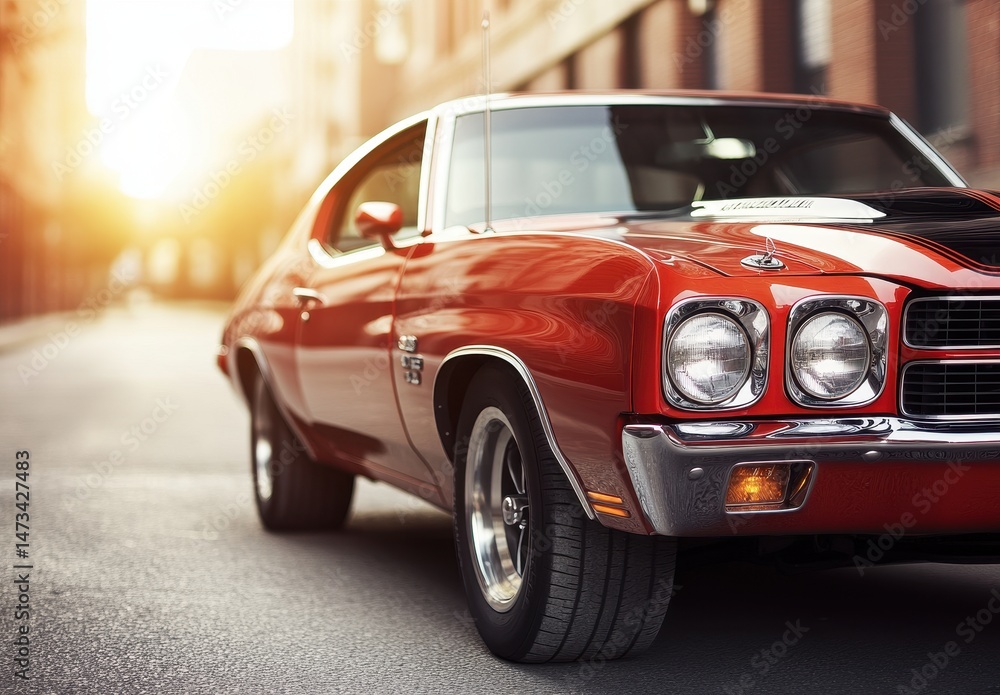 custom made wallpaper toronto digitalClassic Red Muscle Car at Sunset on City Street